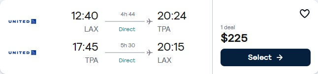 Click here to book this cheap flight deal. Non-stop flights from Los Angeles to Tampa, Florida for only $225 roundtrip with United Airlines. Also works in reverse. Flight deal ticket image.