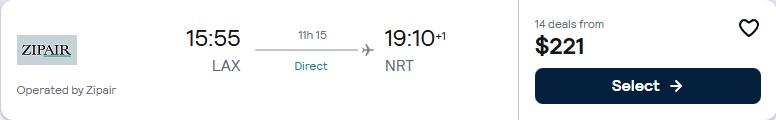 Click here to book this cheap flight deal. Non-stop flights from Los Angeles to Tokyo, Japan for only $221 one-way. Flight deal ticket image.