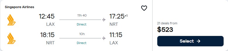 Non-stop flights from Los Angeles to Tokyo, Japan for only $523 roundtrip with Singapore Airlines. Flight deal ticket image.