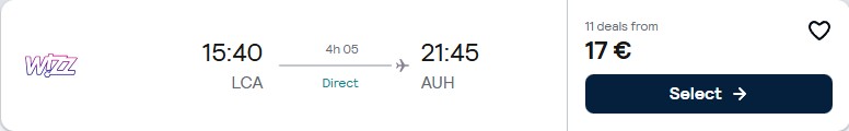 Click here to book this cheap flight deal. Non-stop flights from Larnaca, Cyprus to Abu Dhabi, UAE for only €17 one-way. Also works in reverse (for €24 one-way). Flight deal ticket image.