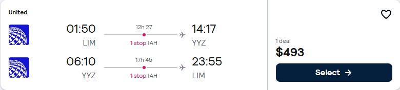 Cheap flights from Lima, Peru to Toronto, Canada for only $493 USD roundtrip with United Airlines. Flight deal ticket image.