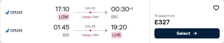Click here to book this cheap flight deal. Cheap flights from London, UK to Borneo for only £327 roundtrip. Flight deal ticket image.