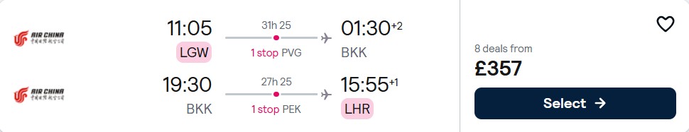 Click here to book this cheap flight deal. Cheap flights from London, UK to Bangkok, Thailand for only £357 roundtrip. Flight deal ticket image.