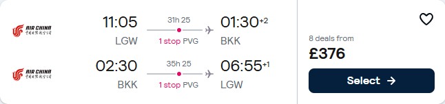 Christmas flights from London, UK to Bangkok, Thailand for only £376 roundtrip. Flight deal ticket image.