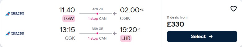 Click here to book this cheap flight deal. Cheap flights from London, UK to Jakarta, Indonesia for only £330 roundtrip. Flight deal ticket image.