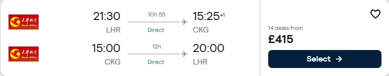 Click here to book this cheap flight deal. Non-stop flights from London, UK to Chongqing, China for only £415 roundtrip. Flight deal ticket image.
