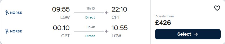 Non-stop flights from London, UK to Cape Town, South Africa for only £426 roundtrip. Flight deal ticket image.