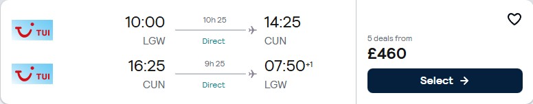 Click here to book this cheap flight deal. Non-stop flights from London, UK to Cancun, Mexico for only £460 roundtrip. Flight deal ticket image.