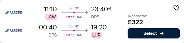 Click here to book this cheap flight deal. Cheap flights from London, UK to Bali, Indonesia for only £322 roundtrip. Flight deal ticket image.