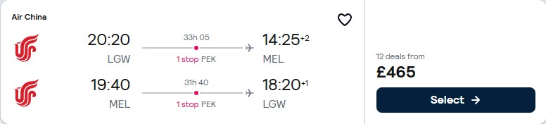Click here to book this cheap flight deal. Cheap flights from London, UK to Melbourne, Australia for only £465 roundtrip. Flight deal ticket image.