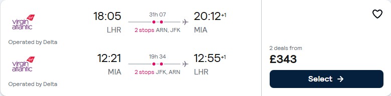 Click here to book this cheap flight deal. Cheap flights from London, UK to Miami, USA for only £343 roundtrip with Delta Air Lines. Flight deal ticket image.