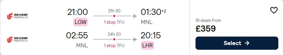 Click here to book this cheap flight deal. Cheap flights from London, UK to Manila, Philippines for only £359 roundtrip. Flight deal ticket image.