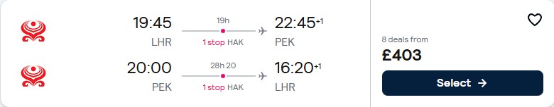 Click here to book this cheap flight deal. Cheap flights from London, UK to Beijing, China for only £403 roundtrip with Hainan Airlines. Flight deal ticket image.