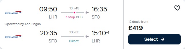 Click here to book this cheap flight deal. Cheap flights from London, UK to San Francisco, USA for only £419 roundtrip with Aer Lingus and British Airways. Flight deal ticket image.
