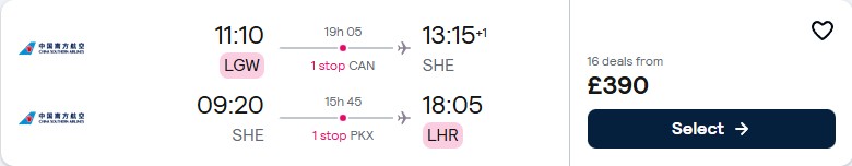 Click here to book this cheap flight deal. Cheap flights from London, UK to Shenyang, China for only £390 roundtrip. Flight deal ticket image.