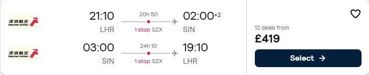 Click here to book this cheap flight deal. Cheap flights from London or Manchester, UK to Singapore from only £413 roundtrip. Flight deal ticket image.
