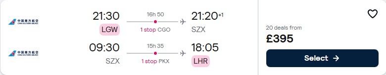 Click here to book this cheap flight deal. Cheap flights from London, UK to Shenzhen, China for only £395 roundtrip. Flight deal ticket image.