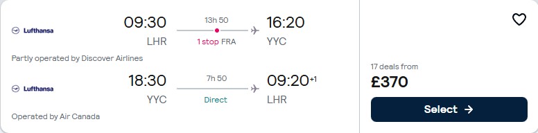 Click here to book this cheap flight deal. Cheap flights from London, UK to Calgary, Canada for only £370 roundtrip with Lufthansa and Air Canada. Flight deal ticket image.