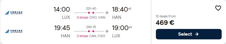 Cheap flights from Luxembourg to Hanoi, Vietnam for only €469 roundtrip. Flight deal ticket image.