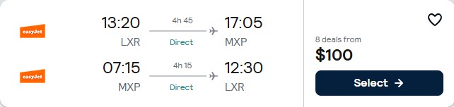Click here to book this cheap flight deal. Non-stop, New Year flights from Luxor, Egypt to Milan, Italy for only $100 USD roundtrip. Flight deal ticket image.