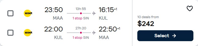Cheap flights from Chennai, India to Kuala Lumpur, Malaysia for only $242 USD roundtrip. Flight deal ticket image.