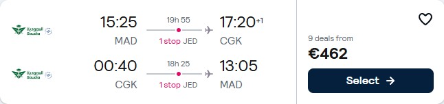 Click here to book this cheap flight deal. Cheap flights from Madrid or Barcelona, Spain to Jakarta, Indonesia from only €462 roundtrip. Flight deal ticket image.