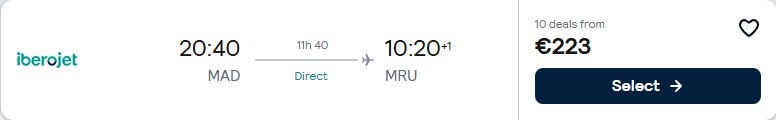 Click here to book this cheap flight deal. Non-stop flights from Madrid, Spain to Mauritius for only €223 one-way. Flight deal ticket image.
