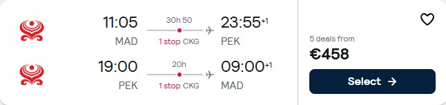 Click here to book this cheap flight deal. Christmas flights from Madrid, Spain to Beijing, China for only €458 roundtrip with Hainan Airlines. Flight deal ticket image.