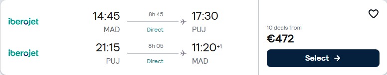 Click here to book this cheap flight deal. Non-stop flights from Madrid, Spain to the Dominican Republic for only €472 roundtrip. Flight deal ticket image.