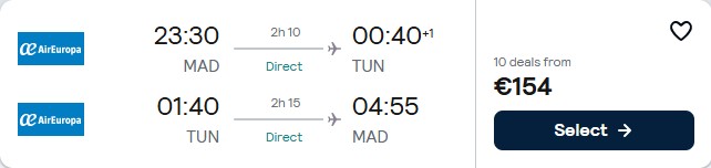 Click here to book this cheap flight deal. Non-stop flights from Madrid, Spain to Tunis, Tunisia for only €154 roundtrip with Air Europa. Flight deal ticket image.
