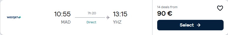 Click here to book this cheap flight deal. Non-stop flights from Madrid, Spain to Halifax, Canada for only €90 one-way. Flight deal ticket image.