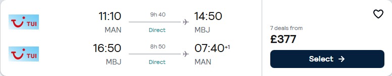 Click here to book this cheap flight deal. Non-stop flights from UK cities to Montego Bay, Jamaica from only £377 roundtrip. Flight deal ticket image.