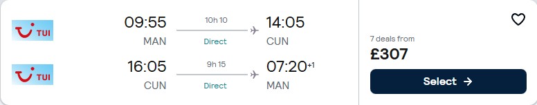 Click here to book this cheap flight deal. Non-stop flights from UK cities to Cancun, Mexico from only £307 roundtrip. Flight deal ticket image.