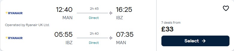 Click here to book this cheap flight deal. Non-stop flights from Manchester, UK to Ibiza, Spain for only £33 roundtrip. Flight deal ticket image.