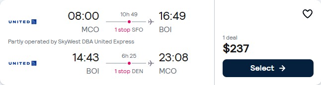 Click here to book this cheap flight deal. Cheap flights from Orlando, Florida to Boise, Idaho for only $237 roundtrip with United Airlines. Also works in reverse. Flight deal ticket image.