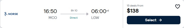 Click here to book this cheap flight deal. Non-stop flights from Orlando or New York to London, UK from only $138 one-way. Flight deal ticket image.