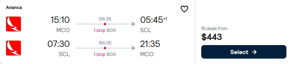 Click here to book this cheap flight deal. Cheap flights from Orlando, Florida to Santiago, Chile for only $443 roundtrip with Avianca. Flight deal ticket image.