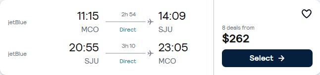 Click here to book this cheap flight deal. Non-stop flights from Orlando, Florida to San Juan, Puerto Rico for only $262 roundtrip with JetBlue. Flight deal ticket image.