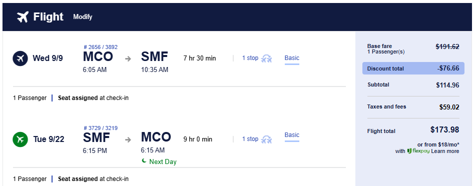 Click here to book this cheap flight deal. Cheap flights from Orlando, Florida to Sacramento, California for only $173 roundtrip. Also works in reverse. Flight deal ticket image.