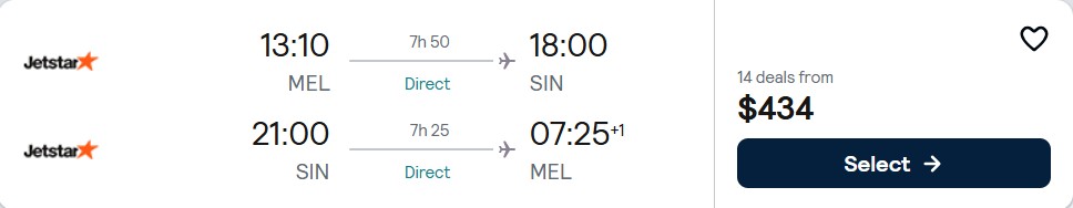 Click here to book this cheap flight deal. Non-stop flights from Melbourne, Australia to Singapore for only $434 AUD roundtrip with Jetstar. Flight deal ticket image.