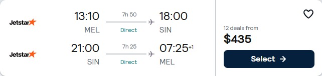 Non-stop flights from Melbourne, Australia to Singapore for only $435 AUD roundtrip with Jetstar. Flight deal ticket image.