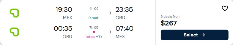 Click here to book this cheap flight deal. Cheap flights from Mexico City, Mexico to Chicago, USA for only $267 USD roundtrip. Flight deal ticket image.