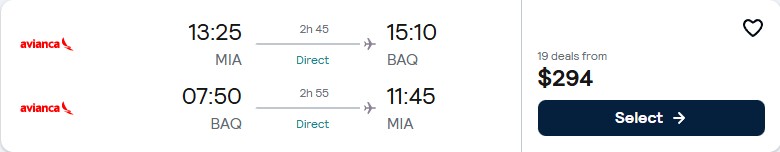 Non-stop flights from Miami to Barranquilla, Colombia for only $294 roundtrip with Avianca. Flight deal ticket image.