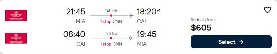 Click here to book this cheap flight deal. Cheap flights from Miami to Cairo, Egypt for only $605 roundtrip with Royal Air Maroc. Flight deal ticket image.