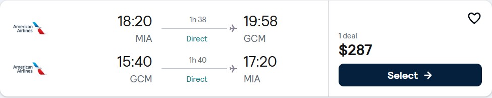 Click here to book this cheap flight deal. Non-stop flights from Miami to the Cayman Islands for only $287 roundtrip with American Airlines. Flight deal ticket image.