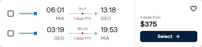 Cheap flights from Miami to Guyana for only $375 roundtrip with Copa Airlines. Flight deal ticket image.