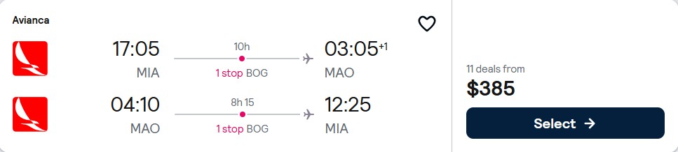 Click here to book this cheap flight deal. Cheap flights from Miami to Manaus, Brazil for only $385 roundtrip with Avianca. Flight deal ticket image.