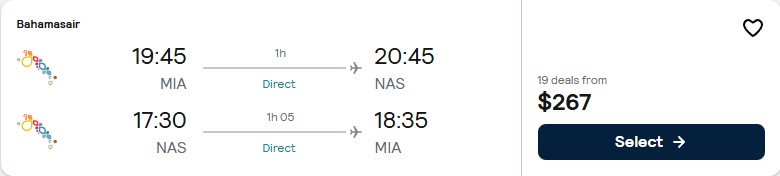 Click here to book this cheap flight deal. Non-stop flights from Miami to the Bahamas for only $267 roundtrip. Flight deal ticket image.