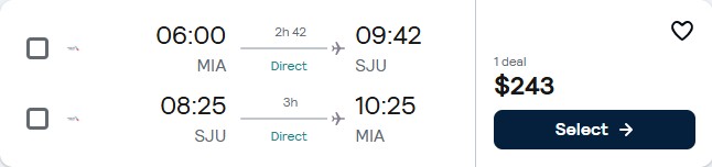 Click here to book this cheap flight deal. Non-stop flights from Miami to San Juan, Puerto Rico for only $243 roundtrip with American Airlines. Flight deal ticket image.