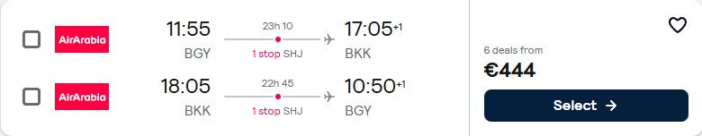 Click here to book this cheap flight deal. Cheap flights from Milan, Italy to Bangkok, Thailand for only €444 roundtrip. Flight deal ticket image.